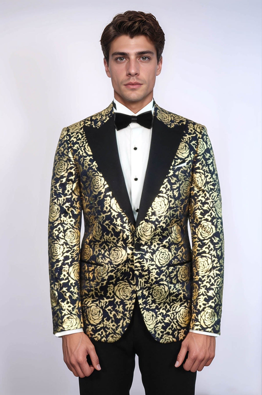 Gold Rose Patterned Slim Fit Navy Blue Men Party Blazer - Wessi - Luzilly Bridal & Apparel