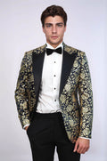 Gold Rose Patterned Slim Fit Navy Blue Men Party Blazer - Wessi - Luzilly Bridal & Apparel