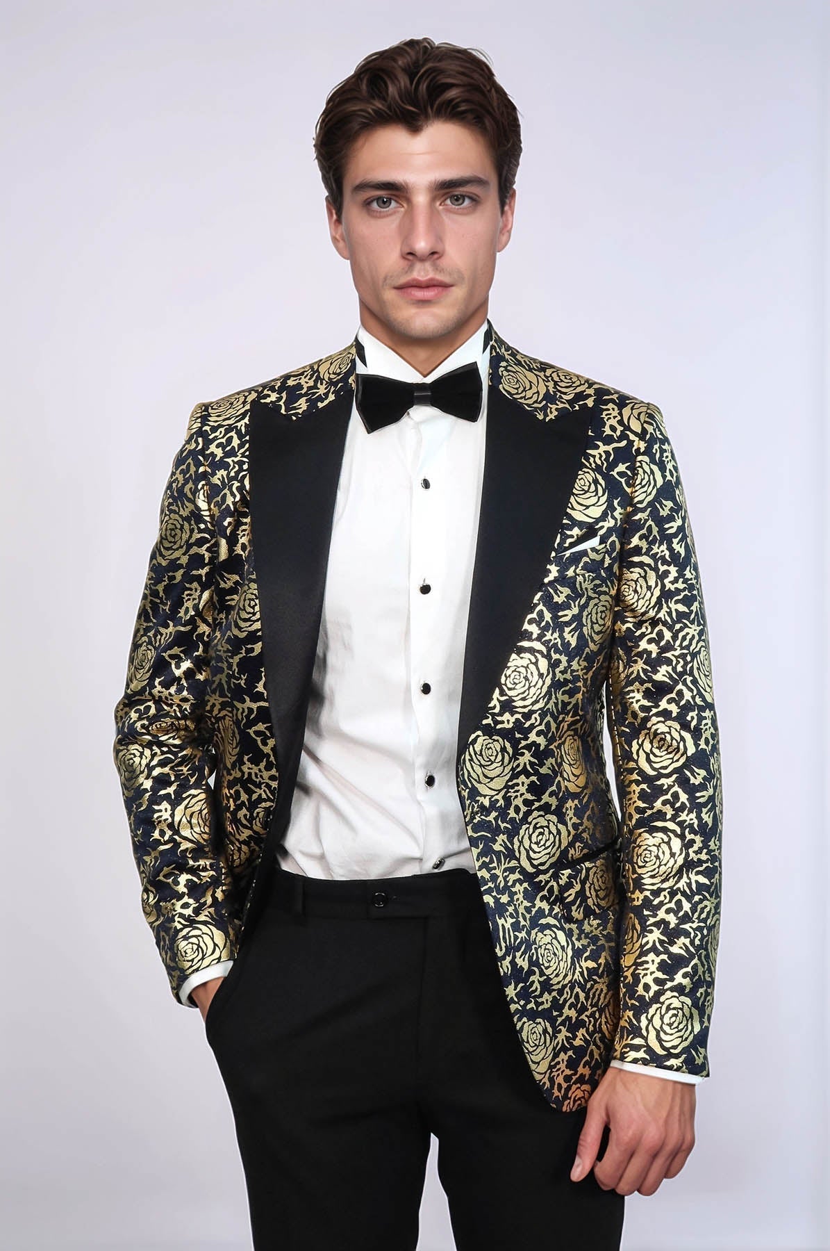 Gold Rose Patterned Slim Fit Navy Blue Men Party Blazer - Wessi - Luzilly Bridal & Apparel