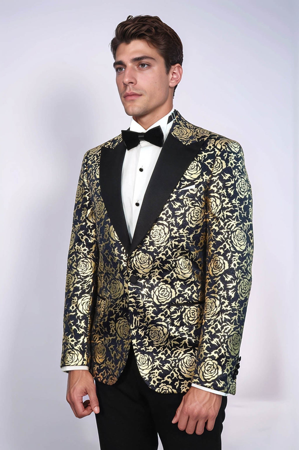 Gold Rose Patterned Slim Fit Navy Blue Men Party Blazer - Wessi - Luzilly Bridal & Apparel