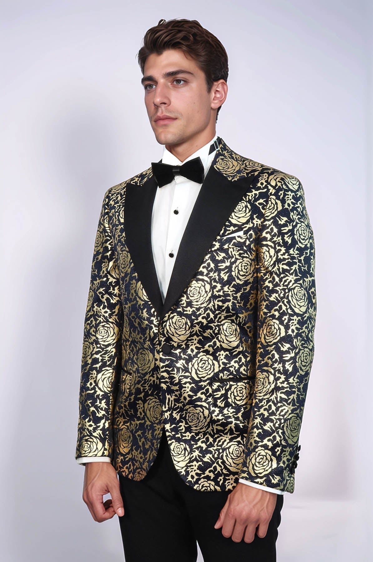 Gold Rose Patterned Slim Fit Navy Blue Men Party Blazer - Wessi - Luzilly Bridal & Apparel