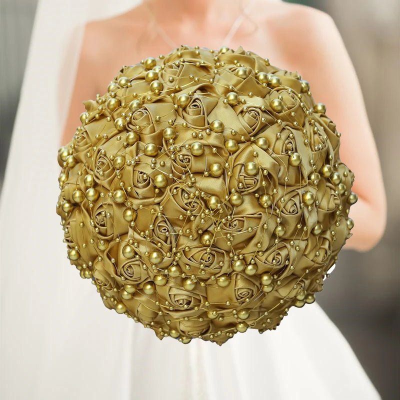 Gold Satin Rose Wedding Bouquet - Luzilly Bridal & Apparel