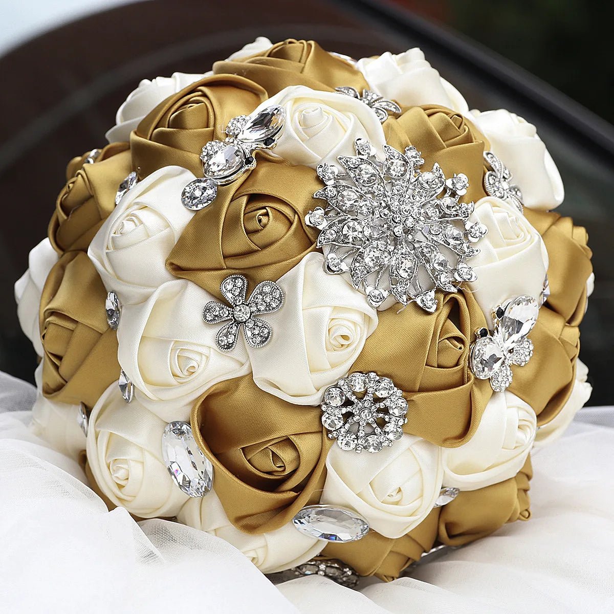 Gold Satin Rose Wedding Bouquet - Luzilly Bridal & Apparel