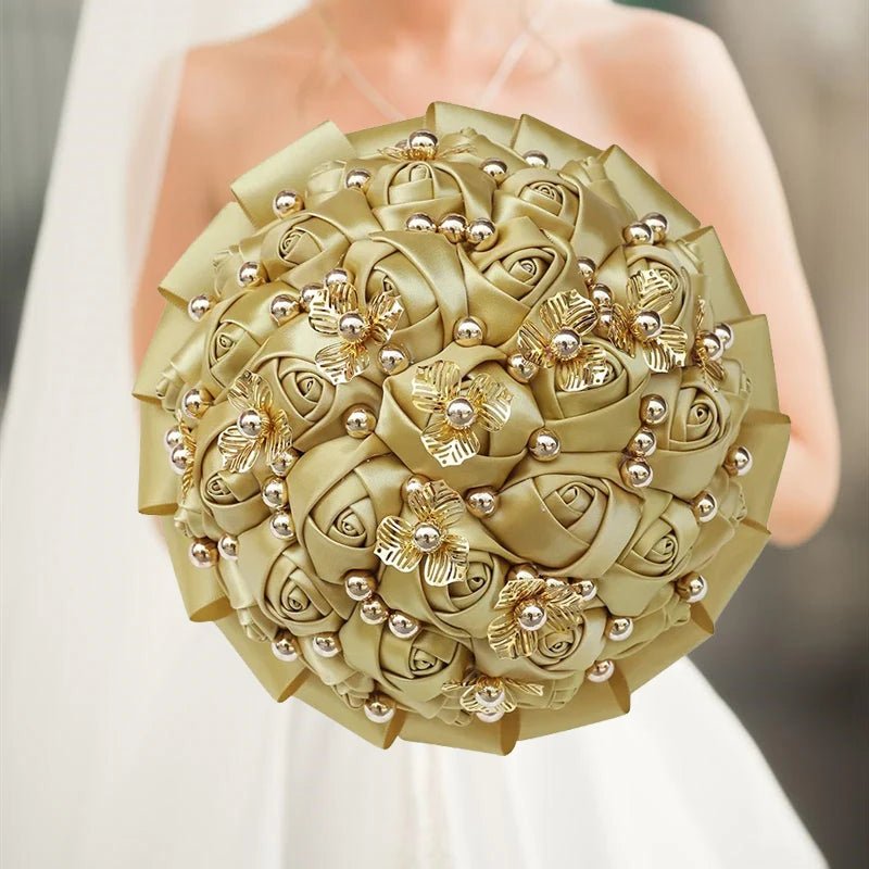 Gold Satin Rose Wedding Bouquet - Luzilly Bridal & Apparel