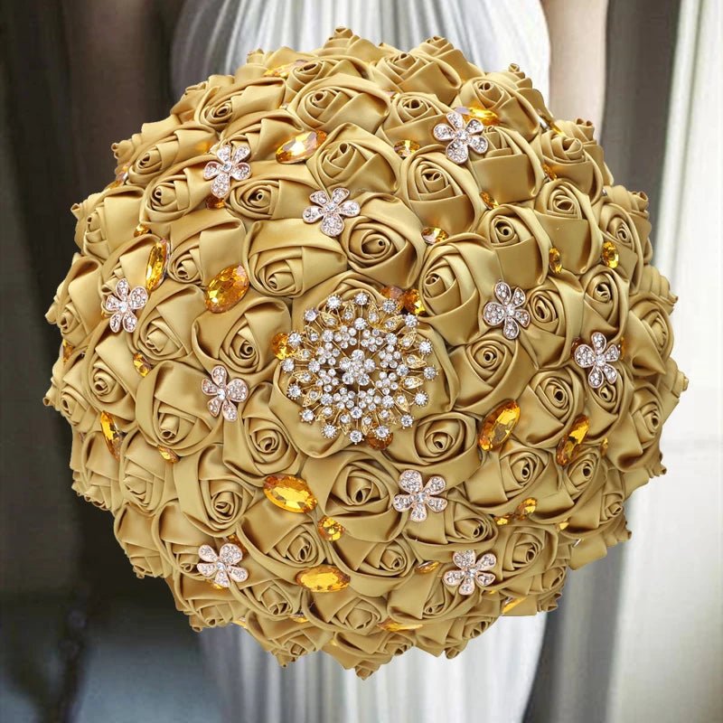 Gold Satin Rose Wedding Bouquet - Luzilly Bridal & Apparel