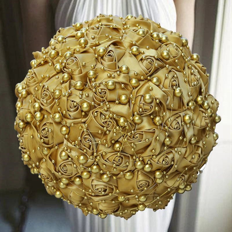 Gold Satin Rose Wedding Bouquet - Luzilly Bridal & Apparel