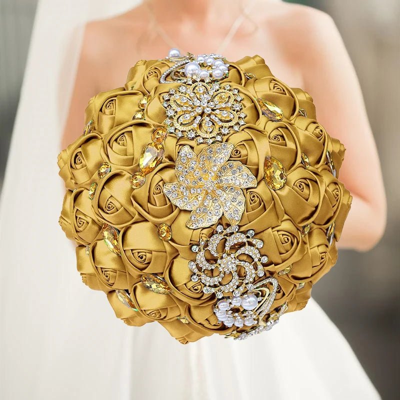 Gold Satin Rose Wedding Bouquet - Luzilly Bridal & Apparel