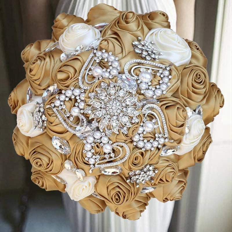 Gold Satin Rose Wedding Bouquet - Luzilly Bridal & Apparel