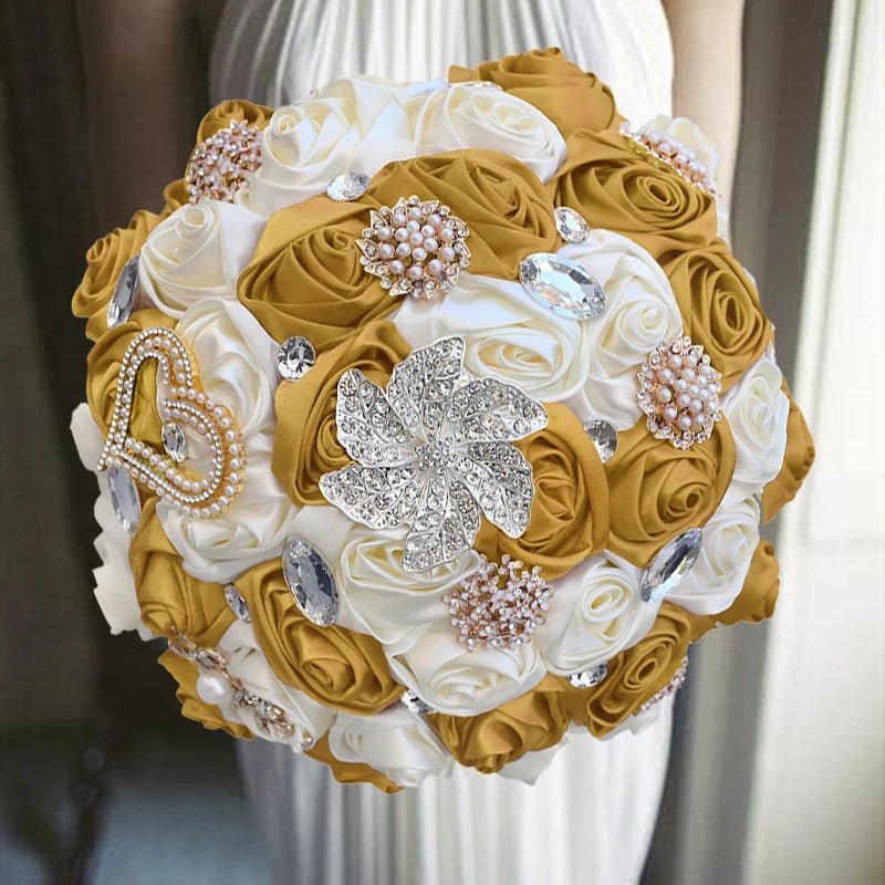 Gold Satin Rose Wedding Bouquet - Luzilly Bridal & Apparel