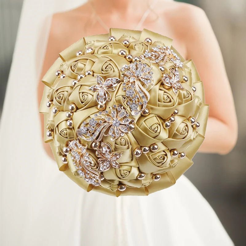 Gold Satin Rose Wedding Bouquet - Luzilly Bridal & Apparel
