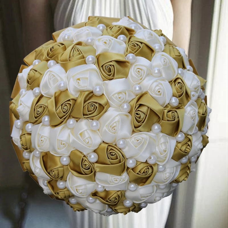 Gold Satin Rose Wedding Bouquet - Luzilly Bridal & Apparel