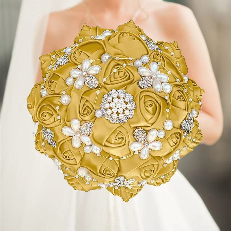 Gold Satin Rose Wedding Bouquet - Luzilly Bridal & Apparel