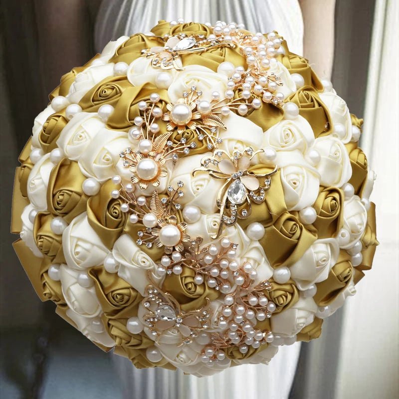 Gold Satin Rose Wedding Bouquet - Luzilly Bridal & Apparel