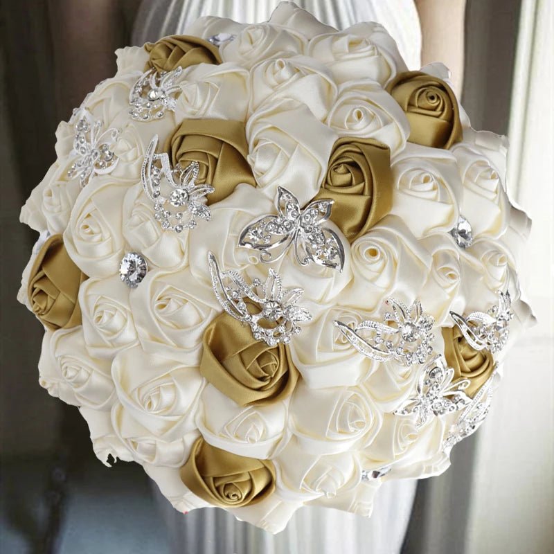 Gold Satin Rose Wedding Bouquet - Luzilly Bridal & Apparel