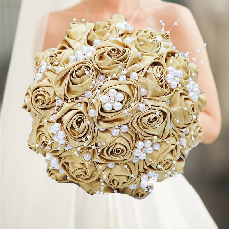 Gold Satin Rose Wedding Bouquet - Luzilly Bridal & Apparel