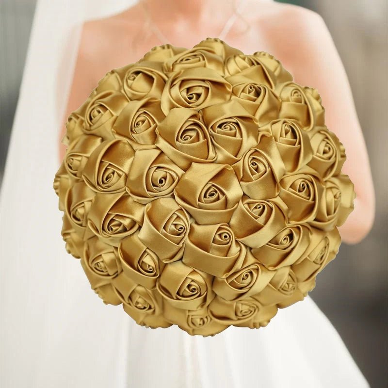 Gold Satin Rose Wedding Bouquet - Luzilly Bridal & Apparel