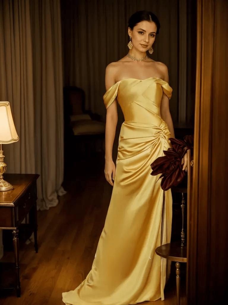 Golden Hour Off-the-Shoulder Satin Ball Gown Evening Dress - Luzilly Bridal & Apparel