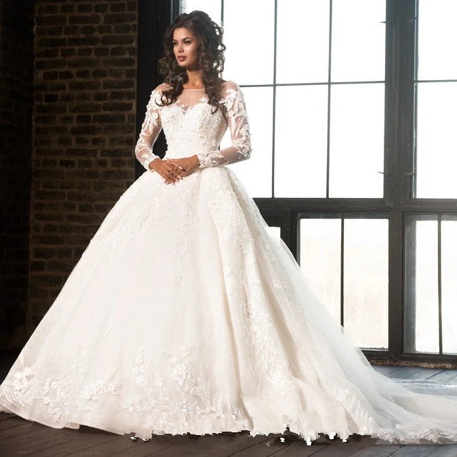 Gorgeous High-Neck Long-Sleeve Lace Ball Gown Wedding Dress - Luzilly Bridal & Apparel
