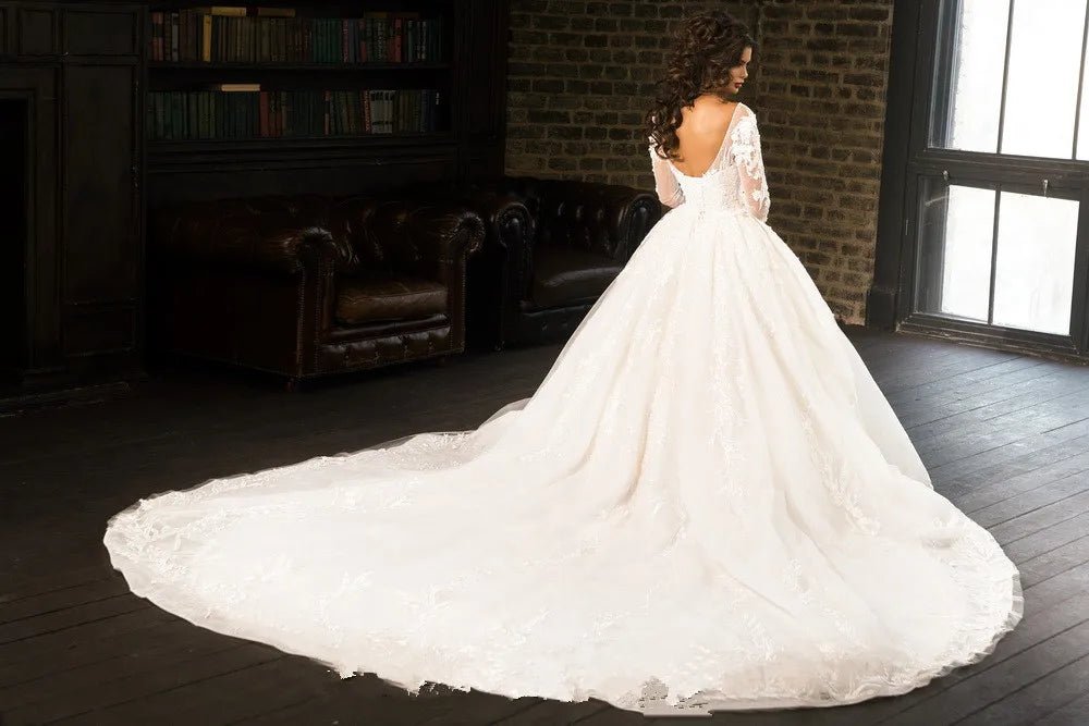Gorgeous High-Neck Long-Sleeve Lace Ball Gown Wedding Dress - Luzilly Bridal & Apparel