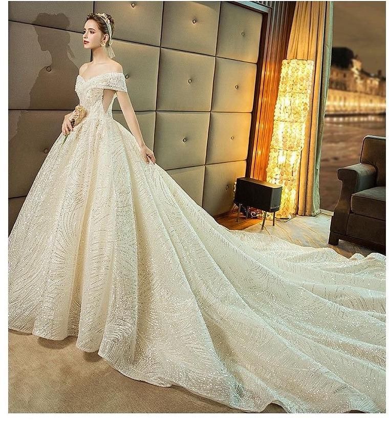 Gorgeous Shiny Wedding Dress Off the Shoulder Gown - Luzilly Bridal & Apparel