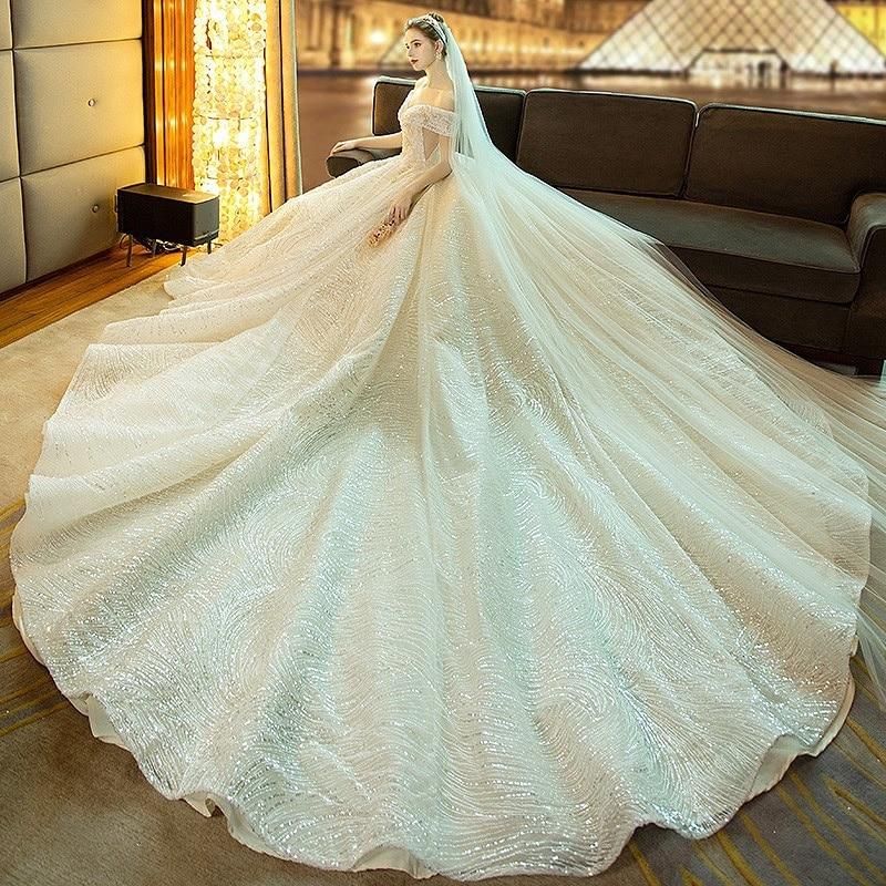 Gorgeous Shiny Wedding Dress Off the Shoulder Gown - Luzilly Bridal & Apparel