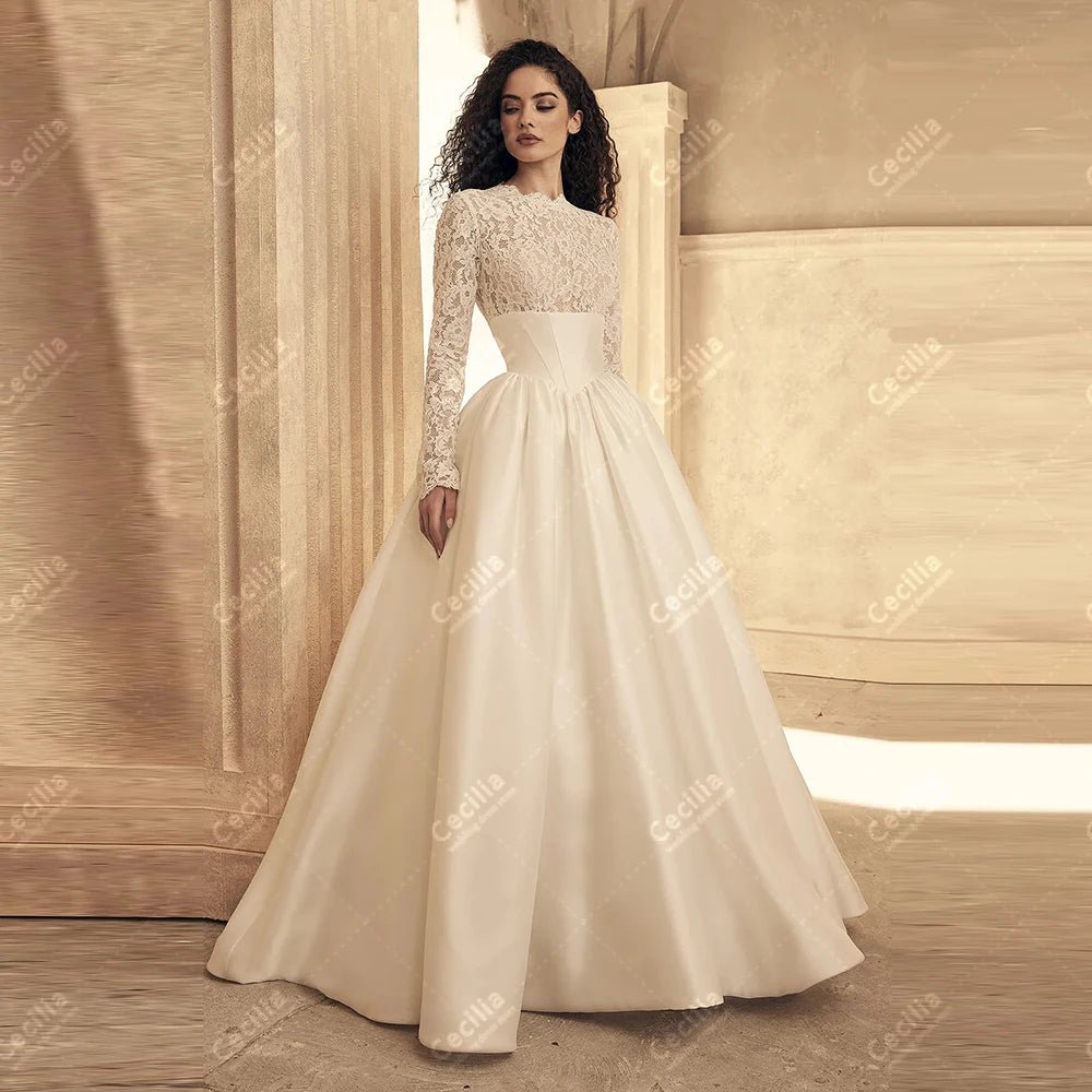 Gorgeous Wedding Dresses A Line Satin Bridal Gowns Modest Robes Full Sleeves Charming Muslim Customized Vestidos De Novia 2025 - Luzilly Bridal & Apparel