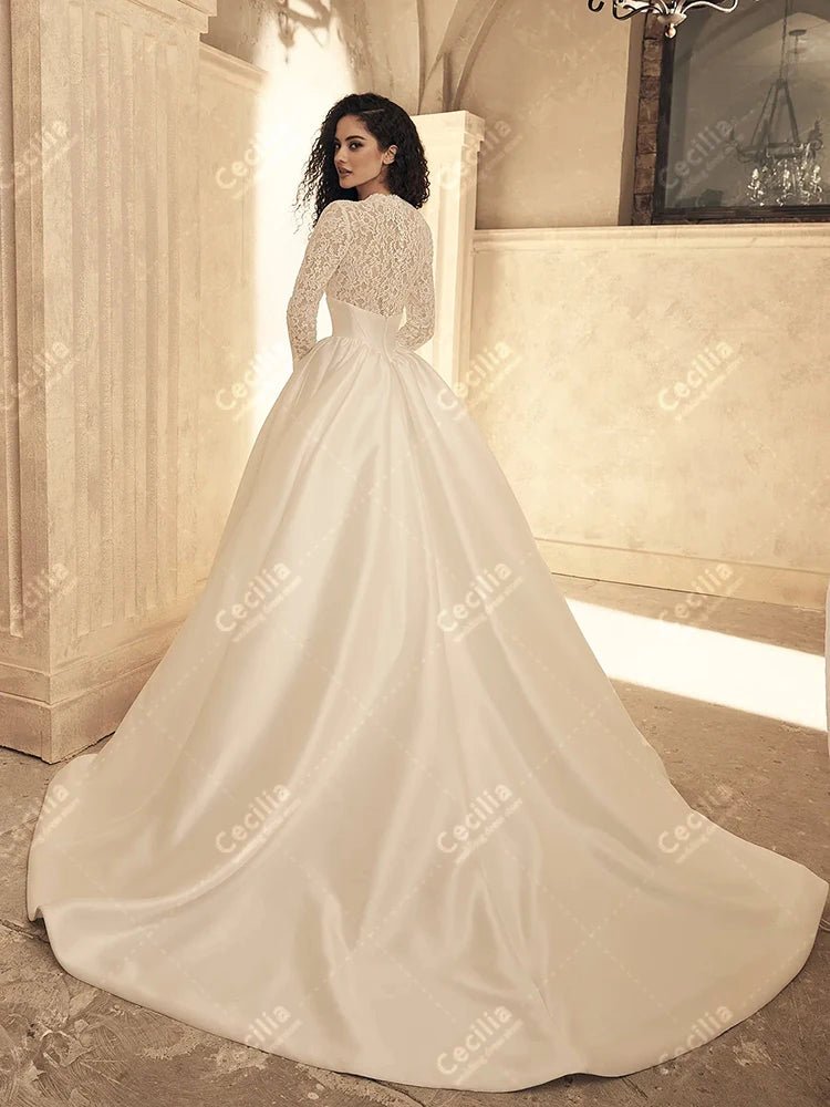 Gorgeous Wedding Dresses A Line Satin Bridal Gowns Modest Robes Full Sleeves Charming Muslim Customized Vestidos De Novia 2025 - Luzilly Bridal & Apparel