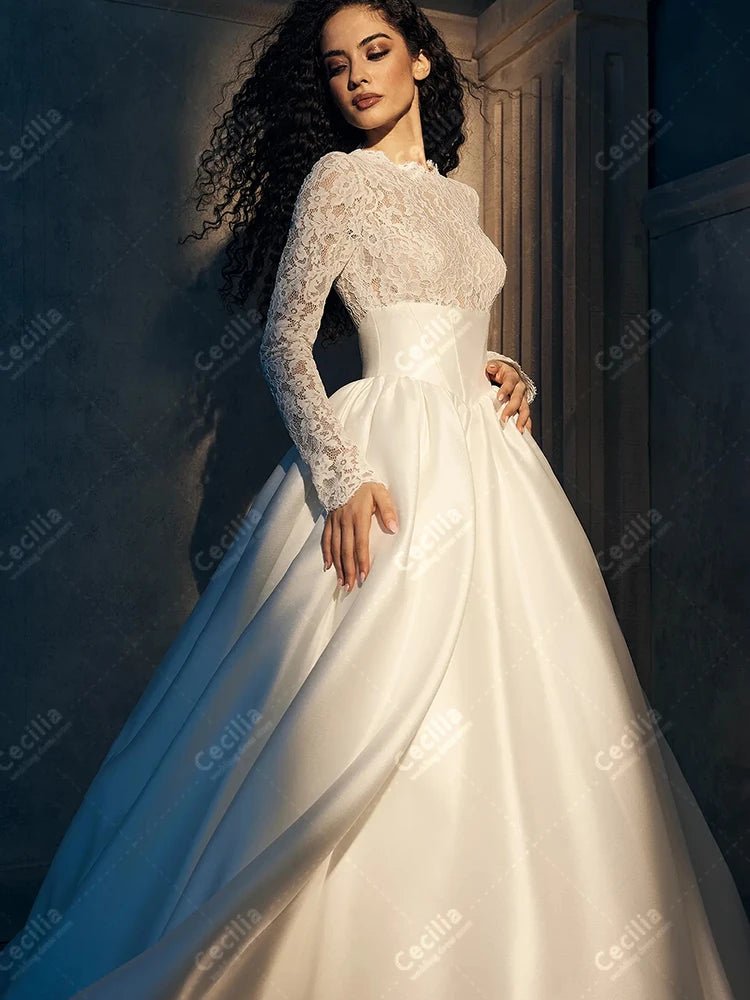Gorgeous Wedding Dresses A Line Satin Bridal Gowns Modest Robes Full Sleeves Charming Muslim Customized Vestidos De Novia 2025 - Luzilly Bridal & Apparel