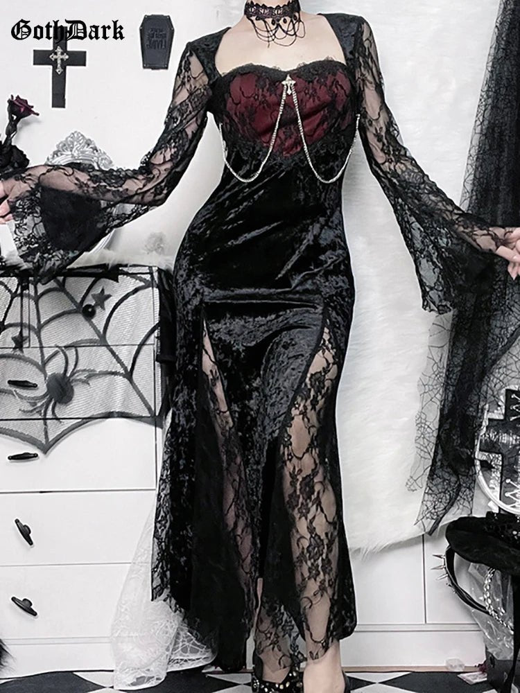 Goth Dark Elegant Mall Gothic Women Evening Dresses Grunge Aesthetic E-girl Velvet Midi Dress Lace Splice Sexy Split Alt Outfits - Luzilly Bridal & Apparel
