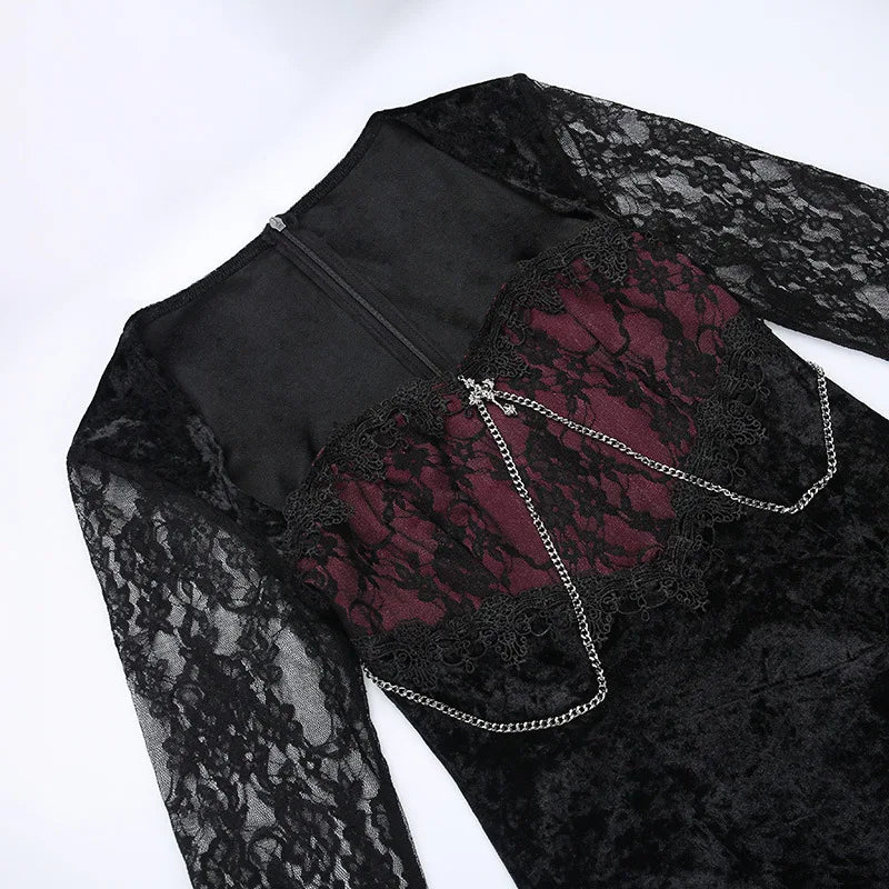 Goth Dark Elegant Mall Gothic Women Evening Dresses Grunge Aesthetic E-girl Velvet Midi Dress Lace Splice Sexy Split Alt Outfits - Luzilly Bridal & Apparel