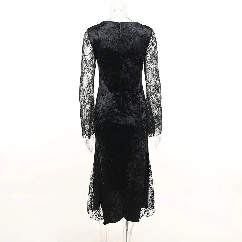 Goth Dark Elegant Mall Gothic Women Evening Dresses Grunge Aesthetic E-girl Velvet Midi Dress Lace Splice Sexy Split Alt Outfits - Luzilly Bridal & Apparel