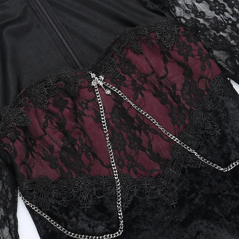 Goth Dark Elegant Mall Gothic Women Evening Dresses Grunge Aesthetic E-girl Velvet Midi Dress Lace Splice Sexy Split Alt Outfits - Luzilly Bridal & Apparel