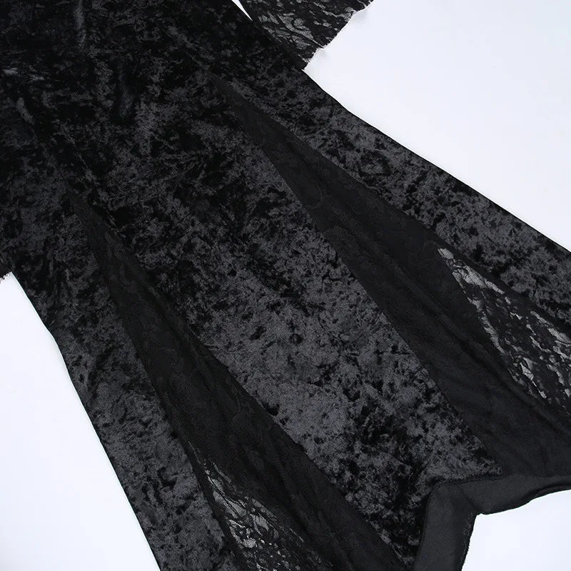 Goth Dark Elegant Mall Gothic Women Evening Dresses Grunge Aesthetic E-girl Velvet Midi Dress Lace Splice Sexy Split Alt Outfits - Luzilly Bridal & Apparel
