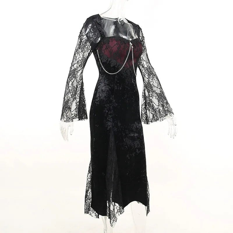 Goth Dark Elegant Mall Gothic Women Evening Dresses Grunge Aesthetic E-girl Velvet Midi Dress Lace Splice Sexy Split Alt Outfits - Luzilly Bridal & Apparel