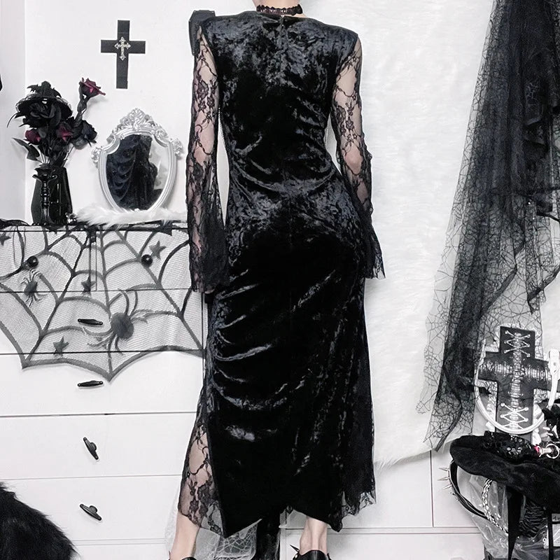 Goth Dark Elegant Mall Gothic Women Evening Dresses Grunge Aesthetic E-girl Velvet Midi Dress Lace Splice Sexy Split Alt Outfits - Luzilly Bridal & Apparel