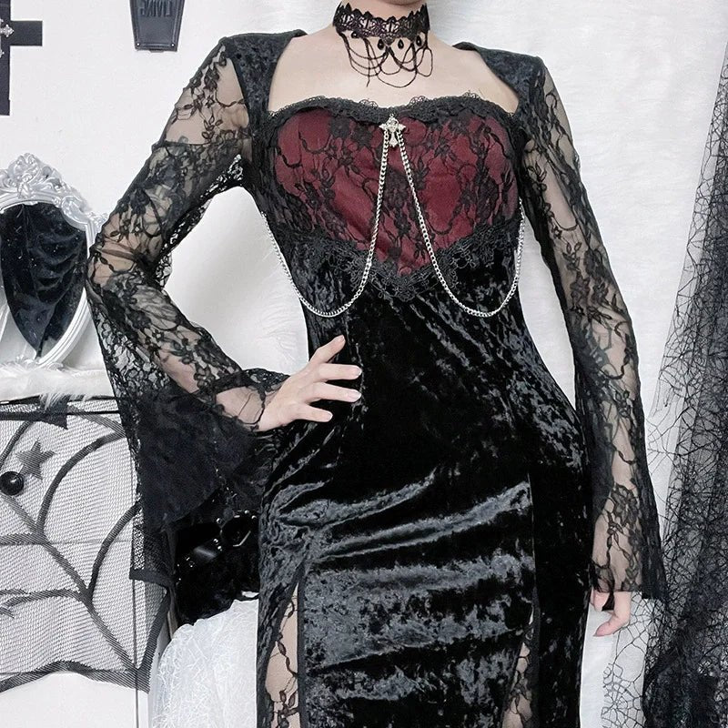 Goth Dark Elegant Mall Gothic Women Evening Dresses Grunge Aesthetic E-girl Velvet Midi Dress Lace Splice Sexy Split Alt Outfits - Luzilly Bridal & Apparel