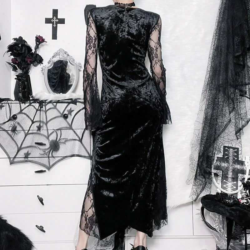 Goth Dark Elegant Mall Gothic Women Evening Dresses Grunge Aesthetic E-girl Velvet Midi Dress Lace Splice Sexy Split Alt Outfits - Luzilly Bridal & Apparel