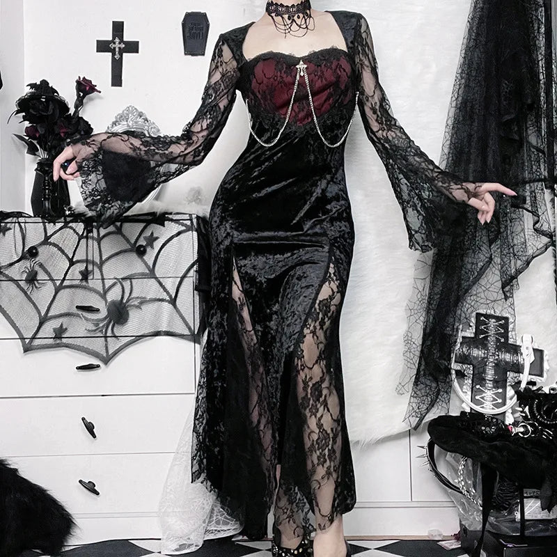 Goth Dark Elegant Mall Gothic Women Evening Dresses Grunge Aesthetic E-girl Velvet Midi Dress Lace Splice Sexy Split Alt Outfits - Luzilly Bridal & Apparel