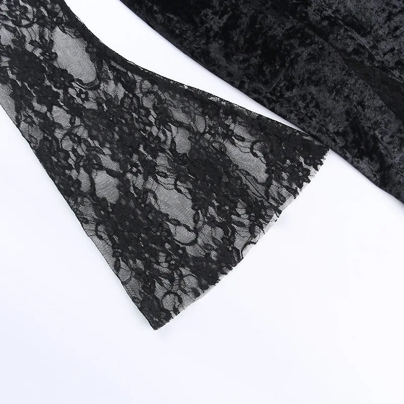 Goth Dark Elegant Mall Gothic Women Evening Dresses Grunge Aesthetic E-girl Velvet Midi Dress Lace Splice Sexy Split Alt Outfits - Luzilly Bridal & Apparel