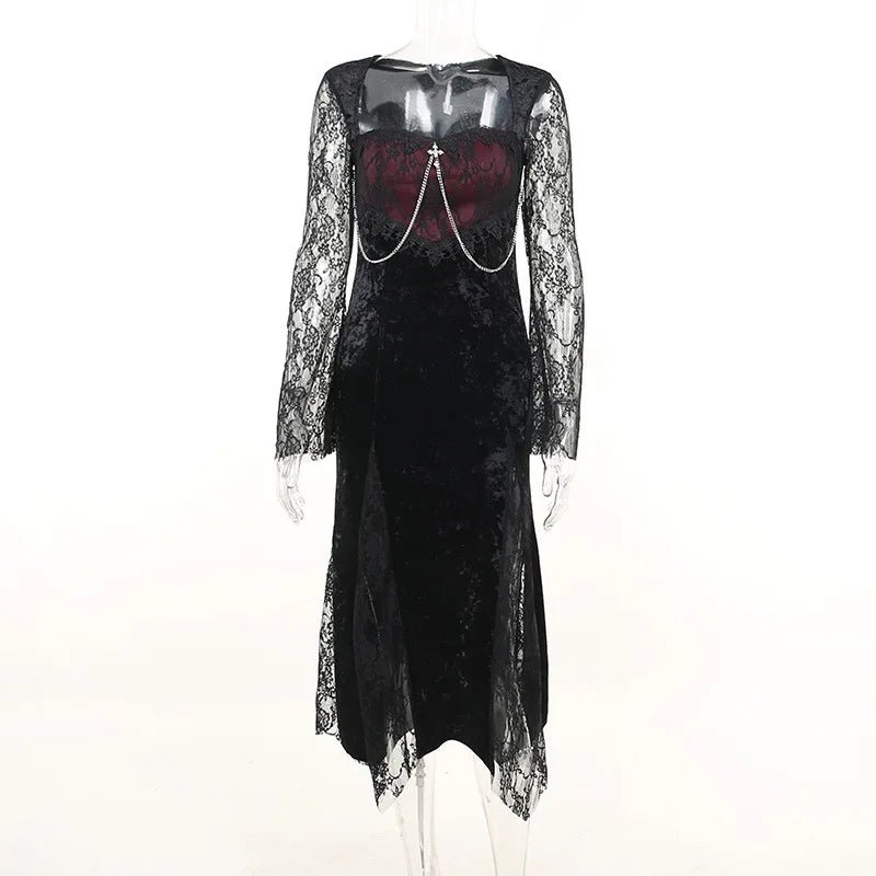 Goth Dark Elegant Mall Gothic Women Evening Dresses Grunge Aesthetic E-girl Velvet Midi Dress Lace Splice Sexy Split Alt Outfits - Luzilly Bridal & Apparel