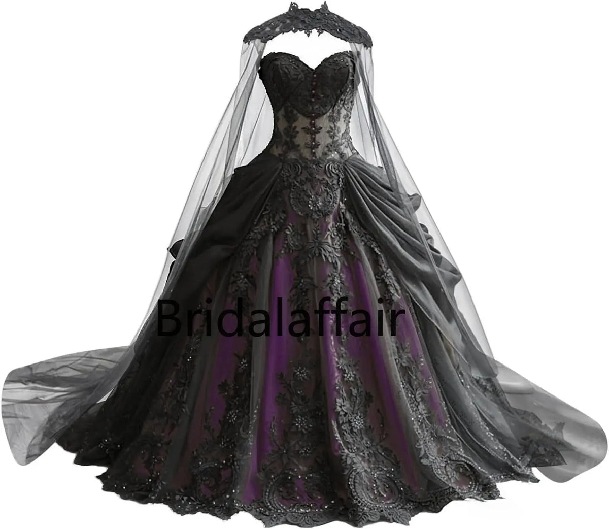 Gothic Weeding Dresses for Brides Black Lace Applique Bridal Dresses Embroidery Tiered Tulle Wedding Gowns with Cape - Luzilly Bridal & Apparel