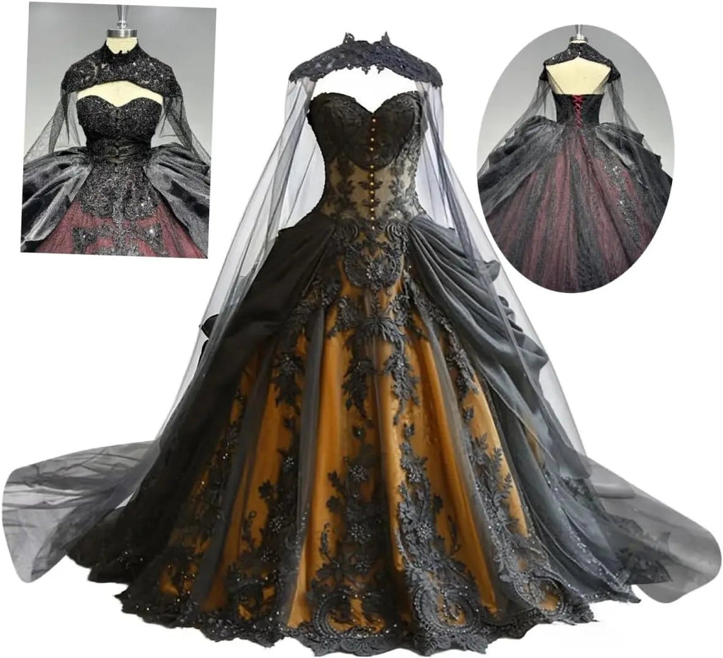 Gothic Weeding Dresses for Brides Black Lace Applique Bridal Dresses Embroidery Tiered Tulle Wedding Gowns with Cape - Luzilly Bridal & Apparel