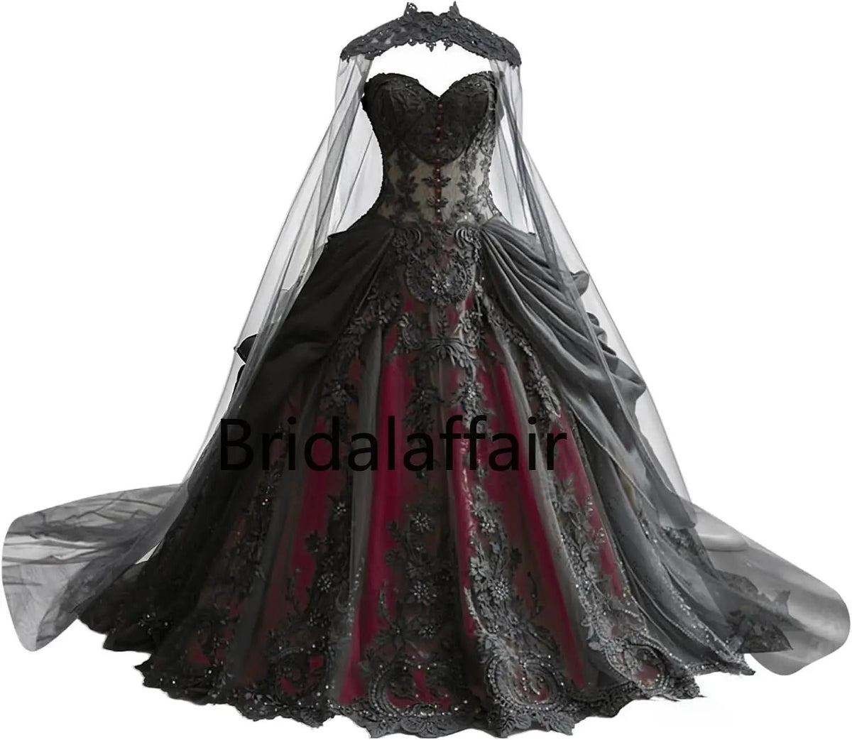 Gothic Weeding Dresses for Brides Black Lace Applique Bridal Dresses Embroidery Tiered Tulle Wedding Gowns with Cape - Luzilly Bridal & Apparel