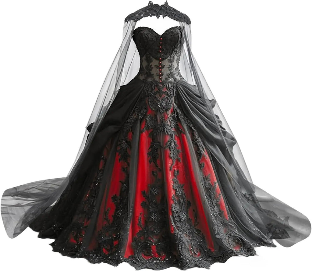 Gothic Weeding Dresses for Brides Black Lace Applique Bridal Dresses Embroidery Tiered Tulle Wedding Gowns with Cape - Luzilly Bridal & Apparel