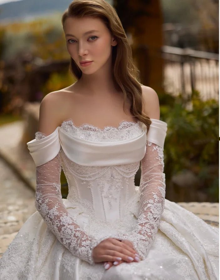 Graceful A Line Wedding Dress For Women Off Shoulder Long Sleeves Bridal Gowns Pearls Beaded Lace Dress Customized - Luzilly Bridal & Apparel