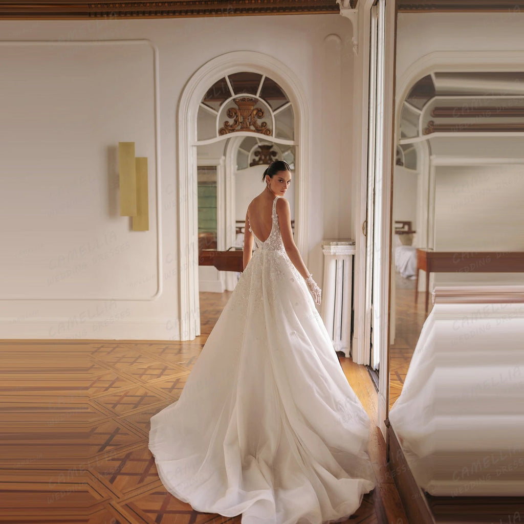 Graceful Elegant Wedding Dresses Women's A Line Long Sleeve Appliques Bridal Gowns Boat Neck Formal Vestidos De Novia Customized - Luzilly Bridal & Apparel