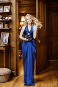 Greece Goddess Haltered low back deep V sheath silky satin prom dress - Luzilly Bridal & Apparel
