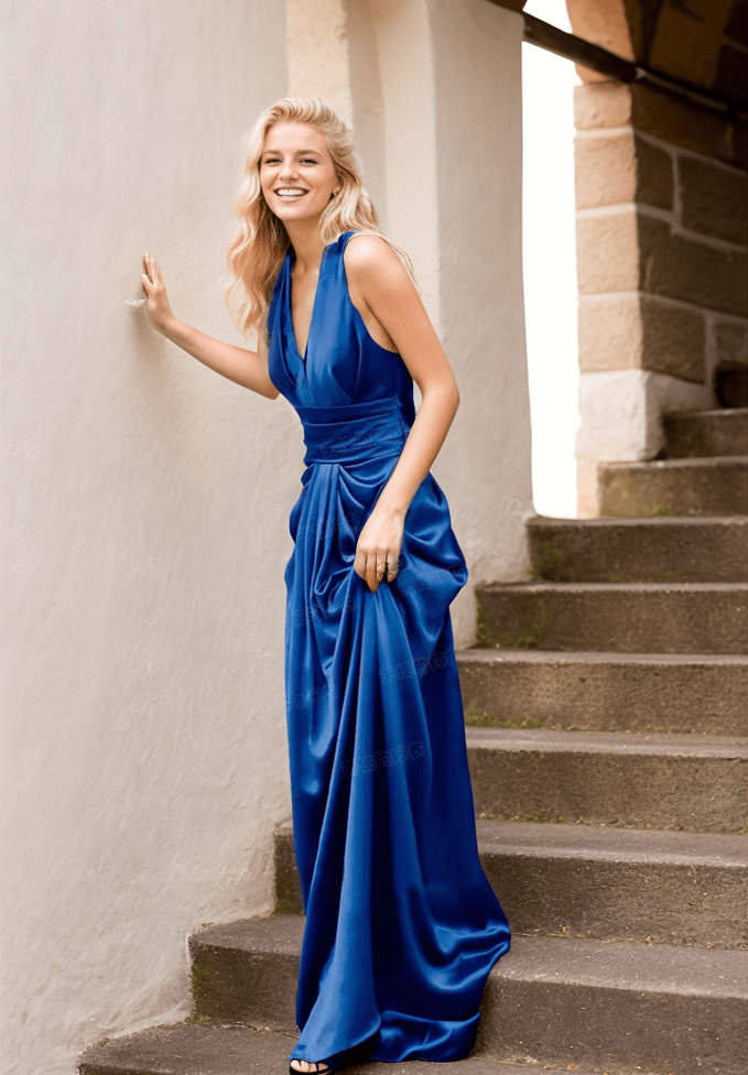 Greece Goddess Haltered low back deep V sheath silky satin prom dress - Luzilly Bridal & Apparel