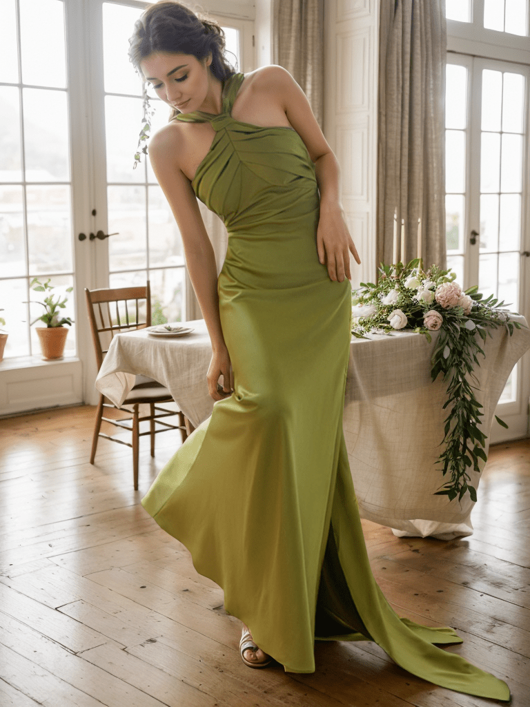 Greece goddess haltered sheath silky satin prom dress with long ribbon multiple colors - Luzilly Bridal & Apparel