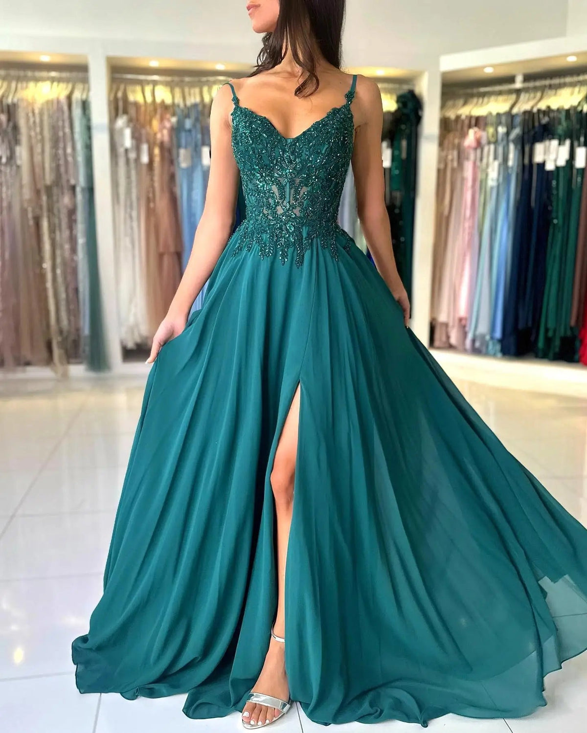Green Chiffon Evening Dress Women Elegant Applique Suspenders Deep V-neck Backless Bridal Formal Long Ball Gowns Pageant Dress - Luzilly Bridal & Apparel